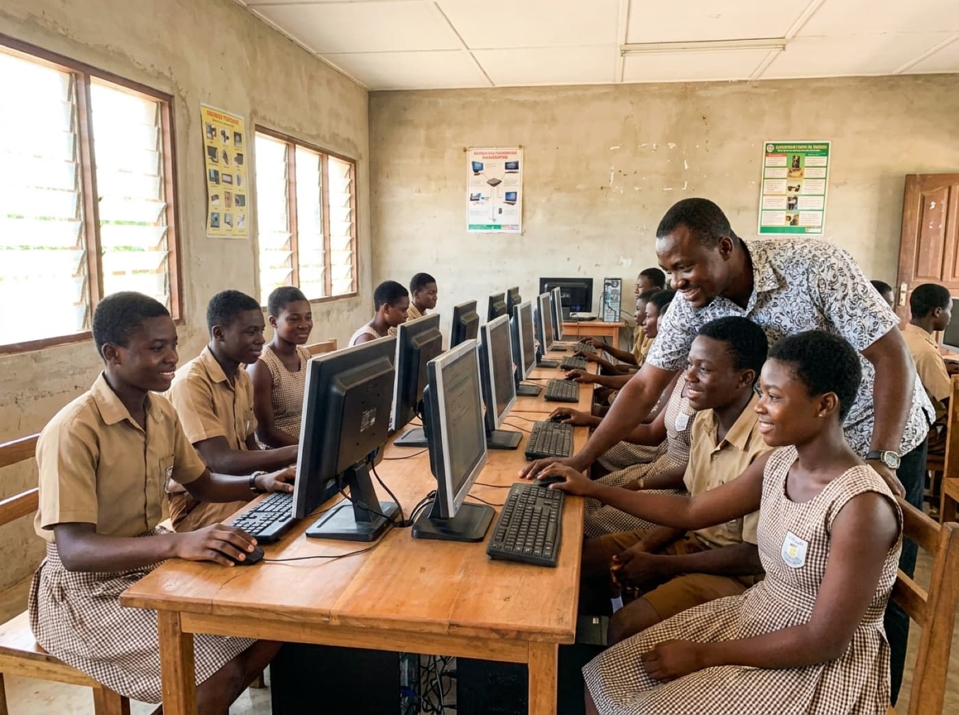 A BridgeEd learning hub with rows of desktop computers and students learning